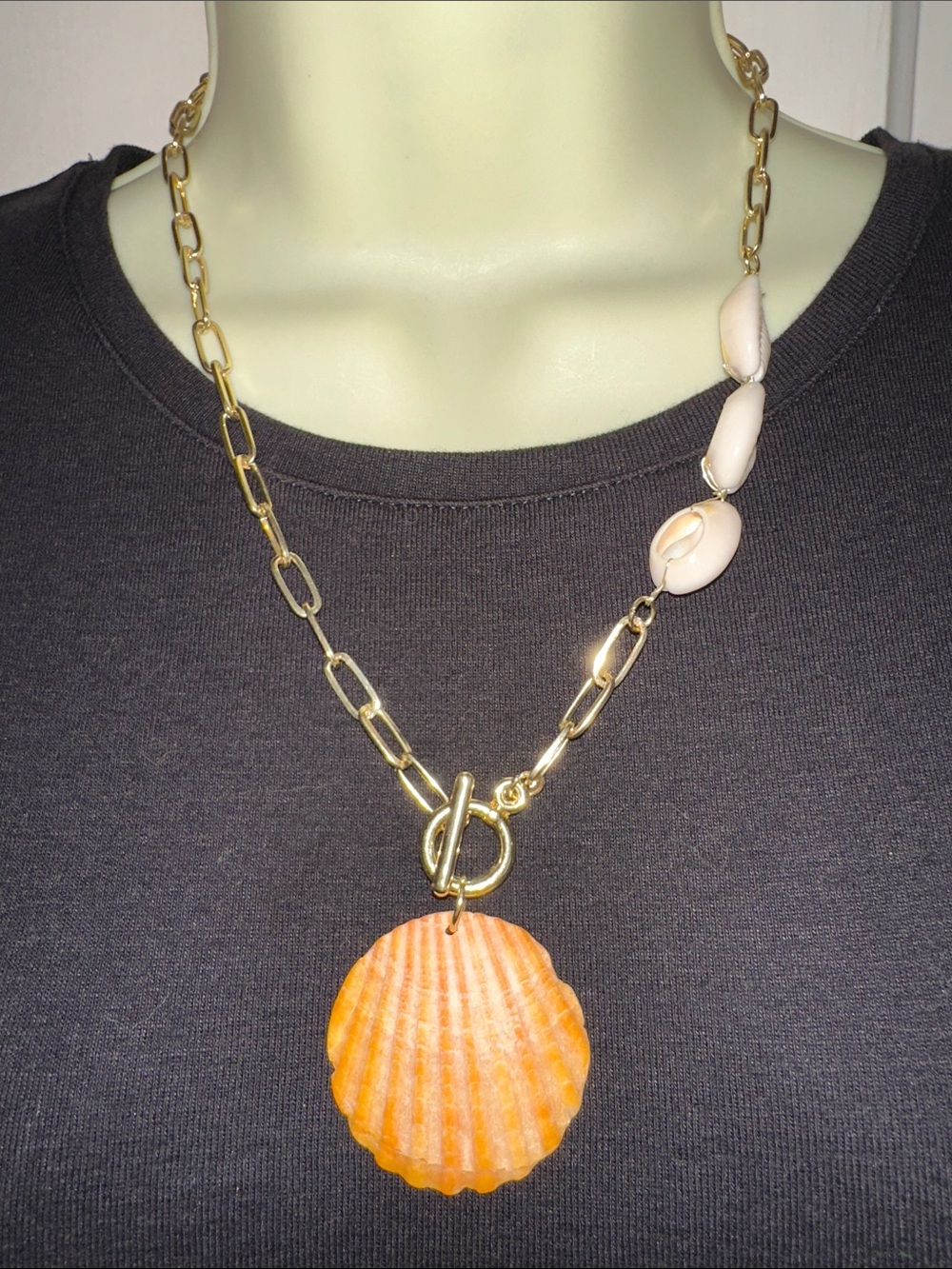 Gold Chain Necklace with Orange Seashell Pendant and Cream Shell Accents